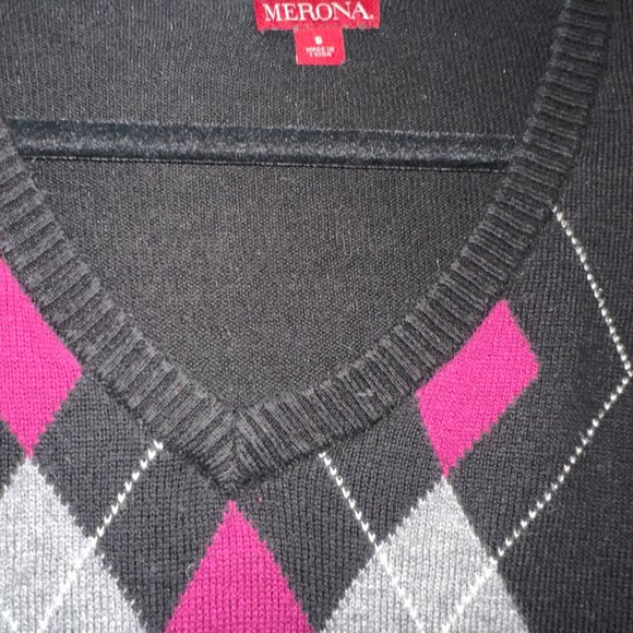 Black Argyle V-Neck Sweater | Pink & Grey Preppy Knit Pullover Y2K Academic - Picture 3 of 3